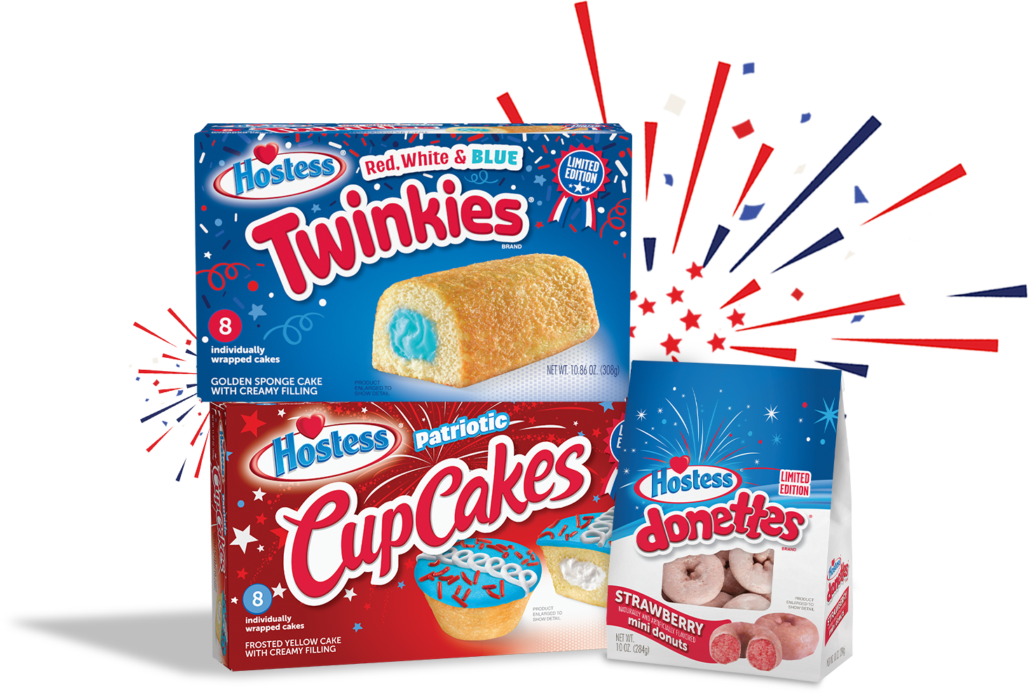 Patriot CupCakes, Red White and Blue Twinkies, and Strawberry Donettes.